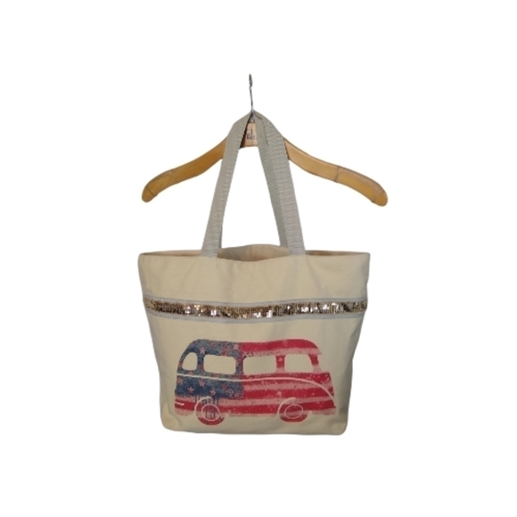 Maurices Large Tote Bag Americana USA Van Sequins Summer Patriotic Beach - Picture 5 of 13
